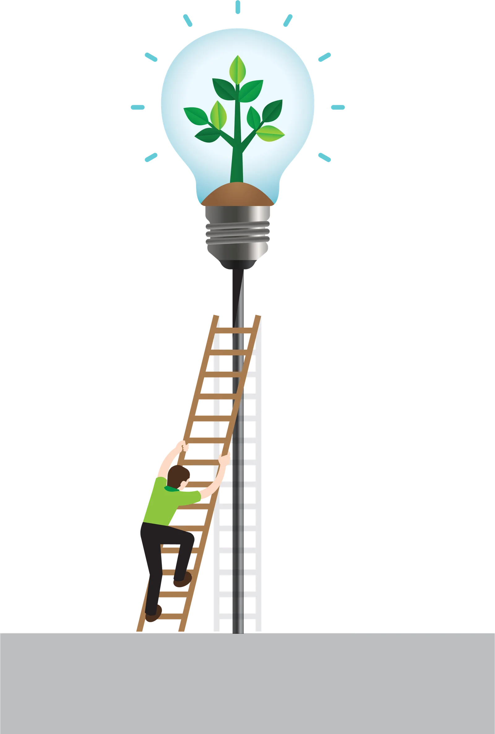 Climber on ladder reaching a lightbulb idea illustration