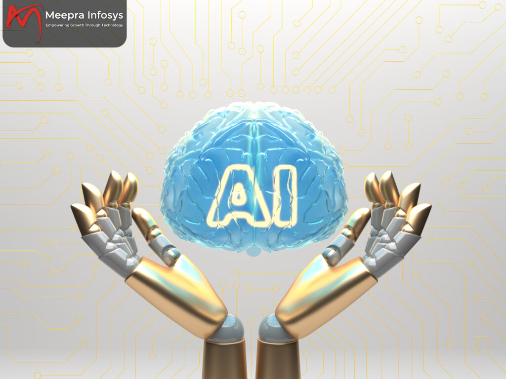 Generative AI in business concept with robotic hands holding digital AI brain – MeePra Infosys