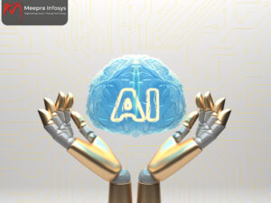 Generative AI in business concept with robotic arms holding digital AI brain – MeePra Infosys