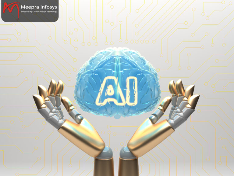 Generative AI in business concept with robotic arms holding digital AI brain – MeePra Infosys